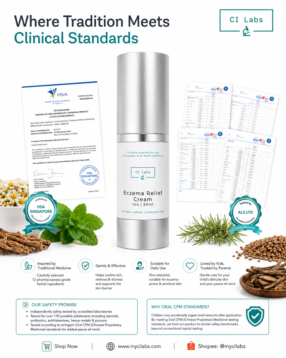 CI Labs Eczema Relief Cream – Non-Steroid TCM Treatment for Itchy, Dry, Sensitive Skin | Fast Relief | Baby & Adult Safe