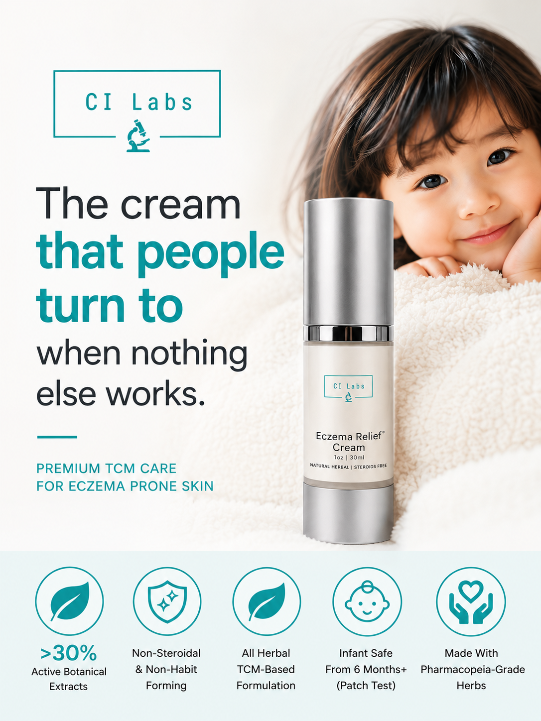 CI Labs Eczema Relief Cream – Non-Steroid TCM Treatment for Itchy, Dry, Sensitive Skin | Fast Relief | Baby & Adult Safe