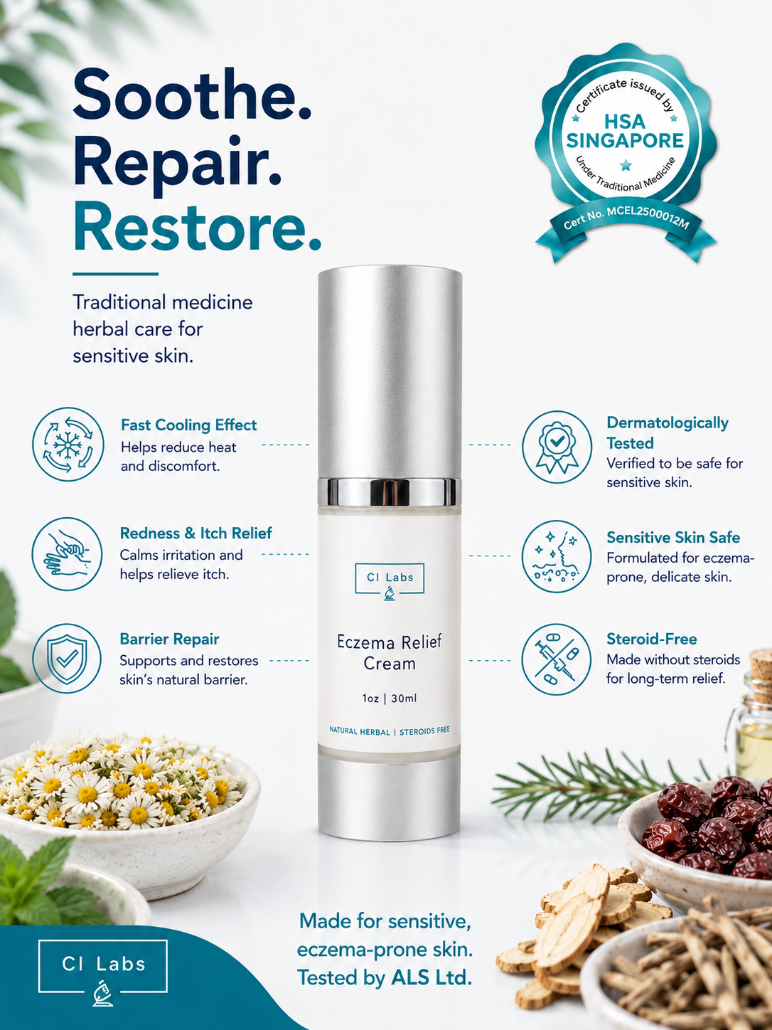 CI Labs Eczema Relief Cream – Non-Steroid TCM Treatment for Itchy, Dry, Sensitive Skin | Fast Relief | Baby & Adult Safe